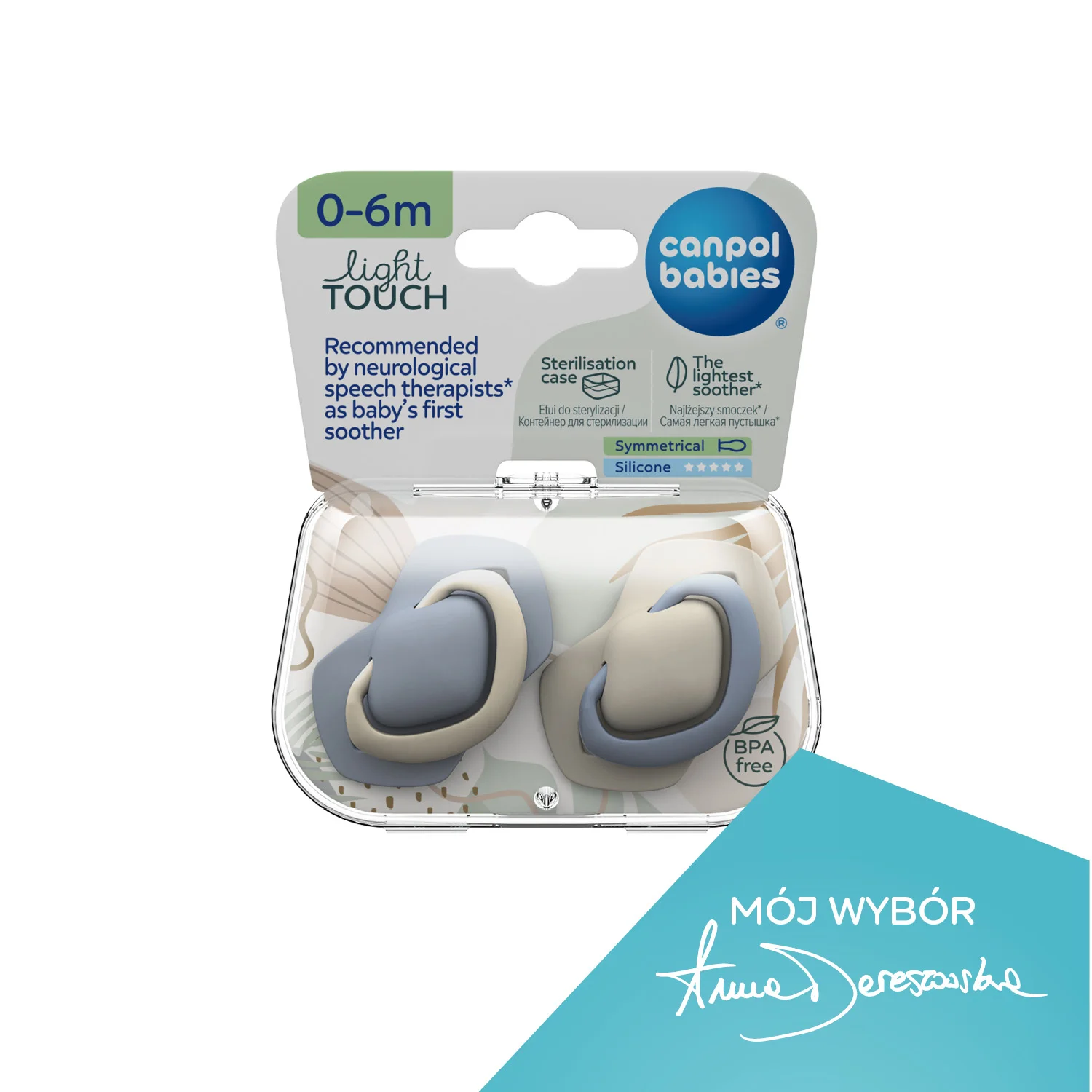 Canpol babies Smoczek silikonowy Light touch 18m+ symetryczny PURE COLOR 2 szt. Blue